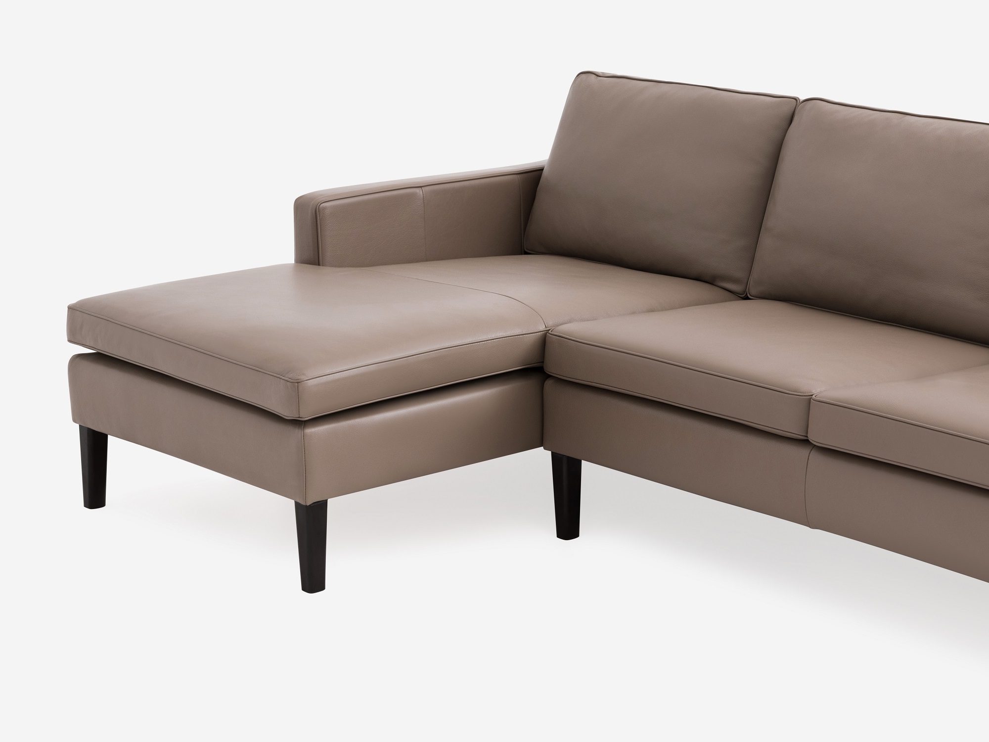 Detail view of the Skye modern sectional sofa in grey leather with left hand facing chaise